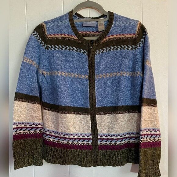 First Issue Sweater Women’s Small Blue Fair Isle Cardigan Ramie Cotton Full Zip - Picture 1 of 5